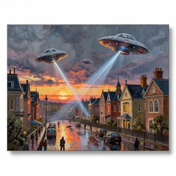 a beautiful artwork painting of spaceships and ufo shooting laser beams and flying above rainy victorian london at sunset, by andreas rocha, featured on artstation