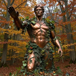 overgrown giant copper statue, autumn forest background, fantasy concept art by tyler edlin, antoine blanchard, thomas cole