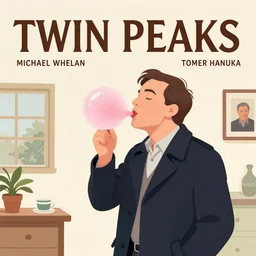 Twin Peaks poster artwork by Michael Whelan and Tomer Hanuka, Karol Bak, Rendering of Jim Gaffigan blowing single perfect bubblegum, he's a hitman in peacoat, from scene from Twin Peaks, clean, simple illustration, nostalgic, domestic, full of details, by Makoto Shinkai and thomas kinkade, Matte painting, trending on artstation and unreal engine