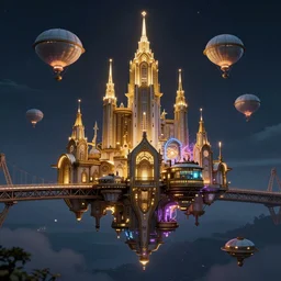 a floating city in a night sky, with a steampunk aesthetic and dirigibles floating in the air, cityscape, golden spires, art nouveau architecture, powered by arcane magic, huge bridge