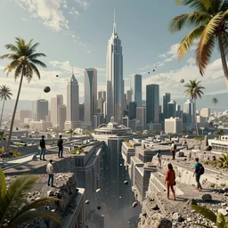 a matte painting of inception, high - tech city, concept art, gravels floating, coconut palms, weightlessness, reverse, fractal landscape, sharp focus, cinematic, illustration, by oksana dobrovolska, vicotr hugo harmatiuk, joon ahn, yang qi, romain jouandeau, quy ho, karol bak, beeple, 4 k, unreal engine, vray render, artstation