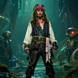 a cool pirate standing in an alien cragt, film still from the movie directed by Denis Villeneuve with art direction, 4K