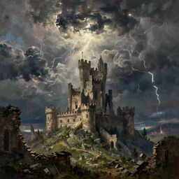 a beautiful painting of epic skycape with thunder clouds and storm over a moody landscape ruins castle fantasy medieval by albert bierstadt and joseph zbukvic, moody color scheme, high detail, trending on artstation