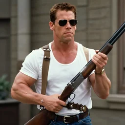film still of John Cena as Nada wearing sunglasses and holding a shotgun with a bandolier in Bank scene in They Live 1988