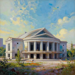 a beautiful detailed painting of nature unfinished building urbex abandoned opera house by richard rogers, thermal vision postcyberpunk universe, archdaily, wallpaper, highly detailed, trending on artstation.