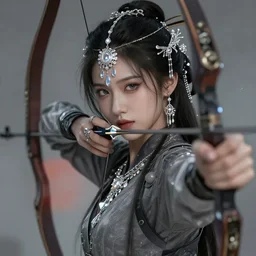 beautiful extremely detailed intricate concept art depicting an archer by wlop. semirealism. anime face. shining jewelry. grey atmosphere. particles in the background. bcy. net