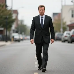 1 9 9 9 andy richter wearing a black suit and necktie walking down an empty street, overcast afternoon