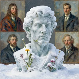 a full body sculpture portrait made of snow and ice and flower and plants, painting part by wojciech siudmak, part by ilya repin, part by max ernst, part by norman rockwell, artstation c 1 5. 0