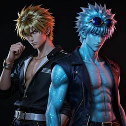 Yakuza Kiryu Kazuma and Majima Goro, beautiful, gracious, true color, bioluminescent skin, ultra detailed, ultra realistic