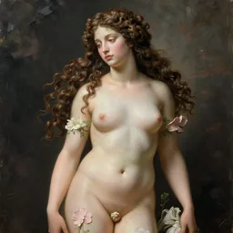 an hyperrealistic mythological oil painting of venus with long curly brown hair, full body, wearing floral chiton, sleeping in a giant scallop shell near the seashore, intricate, elegant, renaissance style, by sandro botticelli