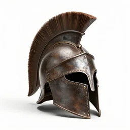 rustic spartan helmet, studio product photography, isolated on a pure white background, centered, entire object in frame, sharp focus, soft studio lighting