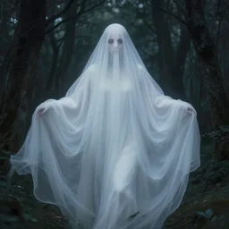 in the style of thomas kinkade, abigail larson, female ghost, flowing dress, symmetrical face, symmetrical eyes, in the woods, moody lighting, dark fantasy
