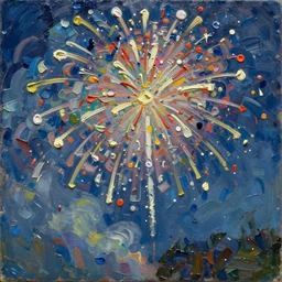 oil paint impasto relief, roman candle firework, multi layered thick brush marks, some splattered paint, in the style of ivan shishkin and frank auerbach and signac and seurat
