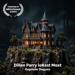 a miniature diorama of a haunted victorian mansion on a cliffside, dark background