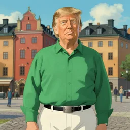 donald trump wearing green shirt and white trousers, old stockholm at background, art by studio ghibli and j. c. leyendecker and greg rutkowski and artgerm and aenaluck, portrait, highly detailed, digital painting, headshot, trending on artstation, concept art, sharp focus, illustration, octane render