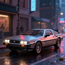 a 2 8 mm closeup photo of a delorean tron tesla car on wet city street at night, intricate, hyper detailed, smooth, high contrast, neon, volumetric lighting, octane, moebius, greg rutkowski, blade runner, ripley scott, cindmatic
