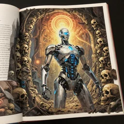 comic alchemy, cybernetics, sci - fi, book page, post apocalyptic, wall of skulls, vision of ezekiel, enhanced quality, unreal engine