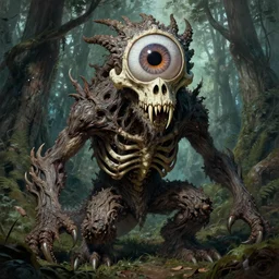 hyperdetailed art nouveau portrait of treebeard as a chimera eyeball skull dragon monster, by micheal whelan, simon bisley and bill sienkiewicz, grim yet sparkling atmosphere, photorealism, claws, ribcage, fangs, forest, wild, crazy, scary, horror, lynn varley, lovern kindzierski, steve oliff