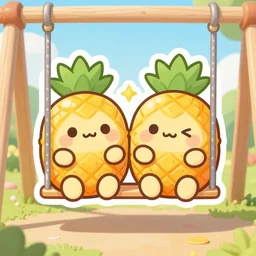 die cut sticker of two chibi anime cute kawaii smiling pineapples on a swing set