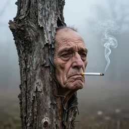 photographic portrait of wrinkly sad max ernst dried melting tree bark with spiraling cigarette smoke, in fog