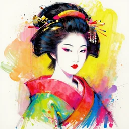 kanye west as japan geisha, rough painting, vivd colors, splatters,