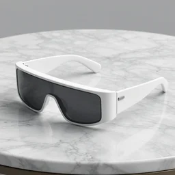 white futuristic glasses layed on a marble table, hyper detailed, 8k resolution, studio lighting, 3D model