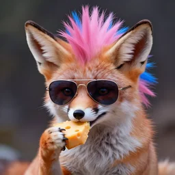 Fennec fox, pink and blue mohawk hairstyle, aviator sunglasses, synthwave style, portrait, artstation, detailed, award winning, furry, award winning, eating cheese