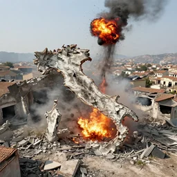 an aerial photo of bombed italy, with bomb falling down, explosion, ruins, fire,