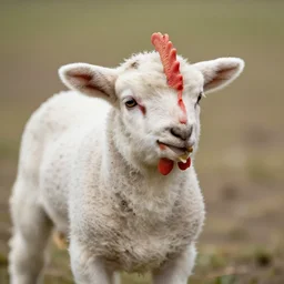 a lamb which has a chicken's head instead of its own
