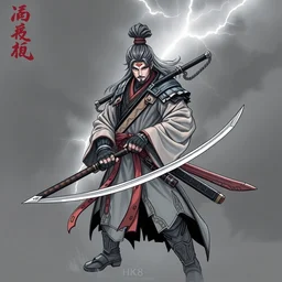ntricate line painting, game character, design of a chinese anicientwarrior in clothes with a broadsword, down hard, dark cloud and lightning on the background, dramatic lighting, cg, extremely detailed, 8 k, sophisticated - h 7 6 8