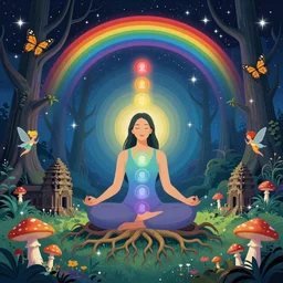 meditation with chakras, enchanted cosmic forest, roots from angkor wat, mushrooms on the ground, small fairies, stars in the sky, butterflies, rainbows, vector art, optical illusion, heavenly underwater, 4 k, fantasy poster by helen huang and frank frazetta and salvador dali