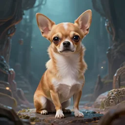 humanoid chihuahua living in an extradimensional reality where it is a god, in the style of wlop, illustration, epic, fantasy, hyper detailed, smooth, unreal engine, sharp focus, ray tracing, physically based rendering, renderman, beautiful