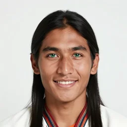 portrait of a handsome navajo young chief, large green eyes, smiling with an open mouth, showing his shining white teeth, photograph by steve mccurry