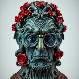 award winning photo of wooden statue of todd solondz carved into a blue green wood, intricate baroque style, glasses, clear todd solondz face,, floral, evil cult, mysticism, vivid colors, fun and joyful, red and purple black, symmetrical face, beautiful eyes, studio lighting, wide shot art by sally mann & arnold newman