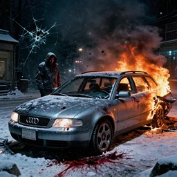 Audi A4 B6 Avant (2002), a gritty neo-noir, dramatic lighting, cinematic, eerie person, death, homicide, homicide in the snow, viscera splattered, gunshots, bullet holes, establishing shot, extremely high detail, cracked windows, photorealistic, arson, burning car wreck, cinematic lighting, artstation, by simon stalenhag, Max Payne (PC) (2001) winter New York at night, In the style of Max Payne 1 graphic novel, flashing lights, Poets of the Fall - Late Goodbye