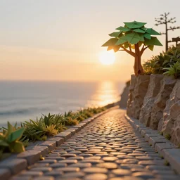 a lonely cobblestone street with a tree on a cliff over the sea at sunset, brightly illuminated by rays of sun, made from origami, photography 4k, f1.8 anamorphic, bokeh, 4k, Canon, Nikon