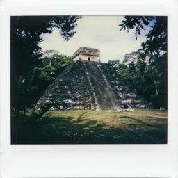 old polaroid photo of black pyramidal pyramid in a jungle with a pyramid