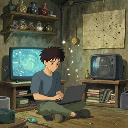 a skinny computer nerd guy sitting on the floor of his room, crossed legs, laptop, smartphone, video games, tv, books, potions, jars, shelves, knick knacks, tranquil, star charts, calm, sparkles in the air, magic aesthetic, fantasy aesthetic, faded effect, by Studio Ghibli, howls moving house inspired, detailed, intricate,