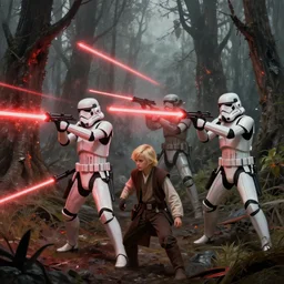 stormtroopers shooting red blaster bolts at a young blonde jedi with short hair in a burned lifeless forest with burned trees and plants concept art by Doug Chiang cinematic, realistic painting, high definition, digital art, symmetrical, very detailed, extremely high detail, photo realistic, concept art, unreal engine 5, the Mandalorian concept art style