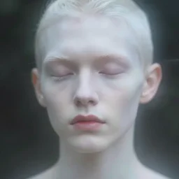 out of focus photorealistic portrait of a beautiful aesthetic pale man by sarah moon, very blurry, translucent white skin, closed eyes, foggy