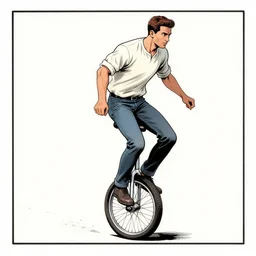 comic panel of a man riding a unicycle, in the style of turhan selcuk