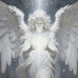 highdetailed hyperrealistic painting of white angel!!! giant ball of miracle light from the chest!!!!!, white sparkles everywhere, 4 k hd fur face!!!, big wings nor cropped, the light passes through the body starting from the head, by jan van eyck, holography space, glow effect, large strokes, white monochrome color, exclude all colors except white