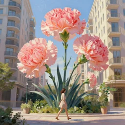 giant carnation flowers head, woman walking between luxury apartments, surreal photography, sunlight, impressionist painting, digital painting, artstation, simon stalenhag