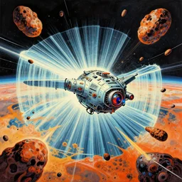 complex alien technology that can create a force field, used to protect a planet from incoming asteroids by hendrick goltzius and michal lisowski, style of 6 0 s kitsch and psychedelia