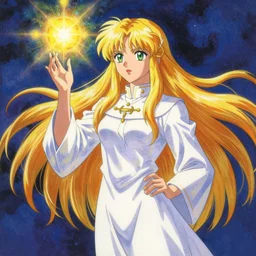 a fantasy blond hair female priest casting a healing spell by hirohiko araki, character design, anime, color manipulation of paul gauguin, western pop culture, fashion,