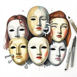 the masks of personas, colored ink + permanent marker, moebius illustration art, key art, portrait