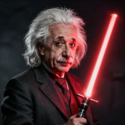 Albert Einstein with a red lightsaber, digital art, stunning lighting