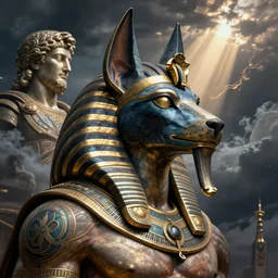 Death Anubis, detailed face, gorgeous, amazing, flowing hair, very muscular male body, partial anatomy, stormy background, caesar victorious, proud Emperor, crepuscular ray, intricate, highly detailed, 8K, digital painting, fantasy, artstation, concept art, sharp focus, over-shoulder shot, illustration, art by Wayne Barlowe and alphonse mucha