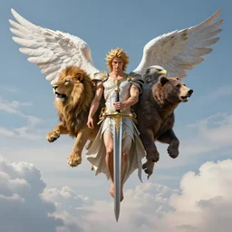 full body render of a multi headed angelic warrior holding a sword. he is hovering above the clouds in the sky. he has 4 heads, head of a lion, head of a bear, head of an eagle, head of a human male and 6 angelic wings, charlie bowater