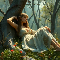 illustration studio of a beautiful girl in an artistic pose resting in nature, monet painterly motives and textures pattern, hyper detailed, octane render, vivid colors, artstation, by jeremy mann, by alphonse mucha, by monet